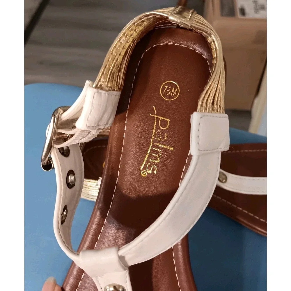 Palms Size 7.5 White And Gold Ankle Adjustable‎ Summer Sandal Shoes Flat
